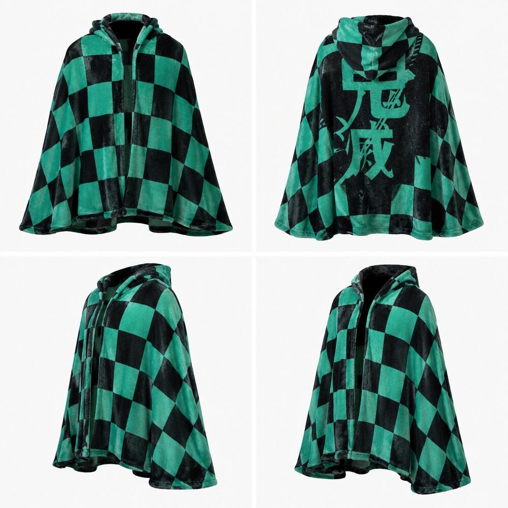 NEW Demon Slayer Tanjiro Inspired Hooded Fleece Poncho Blanket Cape Green Black